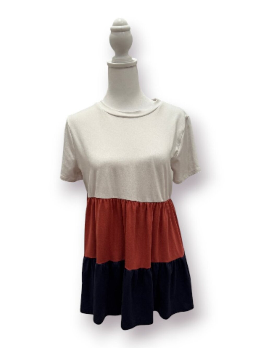 You & Me Colorblock Tiered Babydoll Top Short Sleeve Cream Rust Navy Large EUC